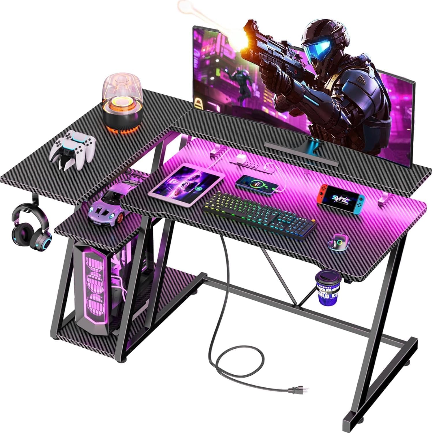 Korfile 40 Inch Gaming Desk with Power Outlet & LED Lights, L Shaped Computer Gaming Table with 3 Tiers Storage Shelves, Corner Gamer Desk with Monitor Stand for Small Space, Carbon Fiber Black
