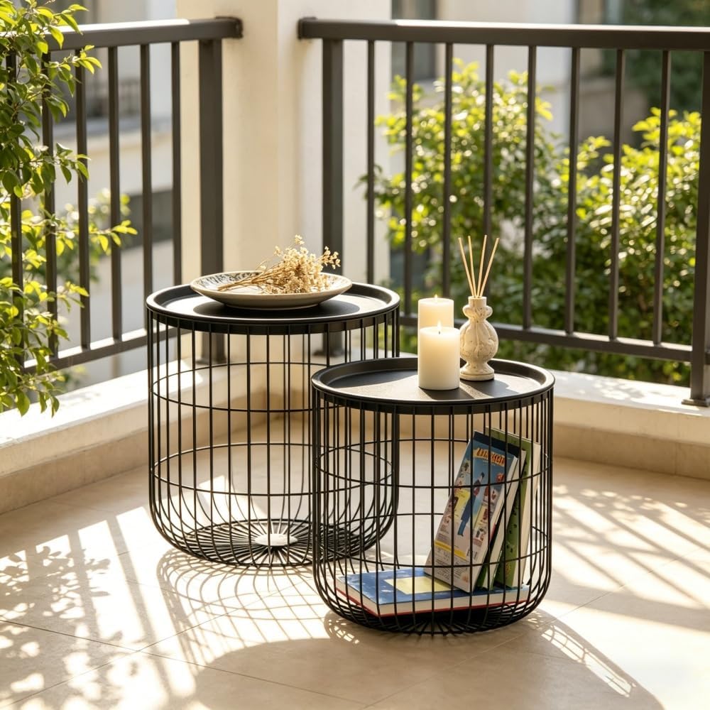 Metal Wire Basket Side Tables, Black, Set of 2, Nesting Design with Storage, Powder-Coated Steel, No Assembly Required
