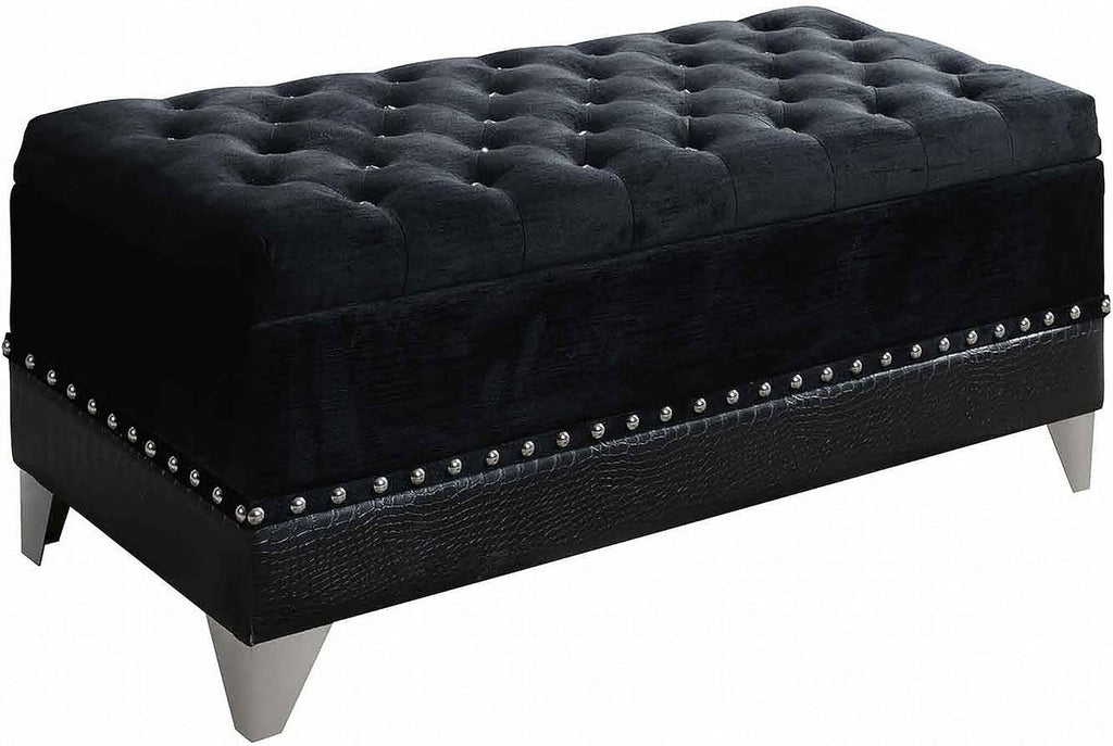Coaster Home Furnishings - Barzini - Velvet Storage Bench with Button Tufting, Nailhead Trim and Chrome Steel Legs - Bedroom - 44-Inch - Black - 300644