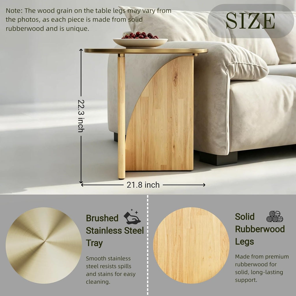 Gold End Tables Set of 3, Round Side Tables, Sofa Table with Wood Legs and Raised Edge Metal Top for Living Room, Bedroom, Bedside, Small Spaces, Easy Assembly, Natural