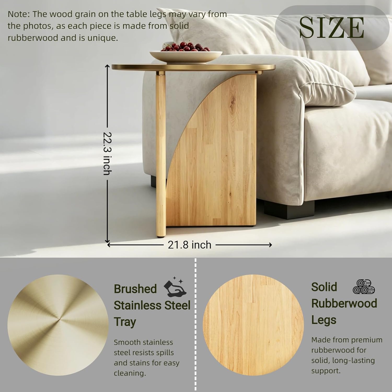 Gold End Tables Set of 3, Round Side Tables, Sofa Table with Wood Legs and Raised Edge Metal Top for Living Room, Bedroom, Bedside, Small Spaces, Easy Assembly, Natural
