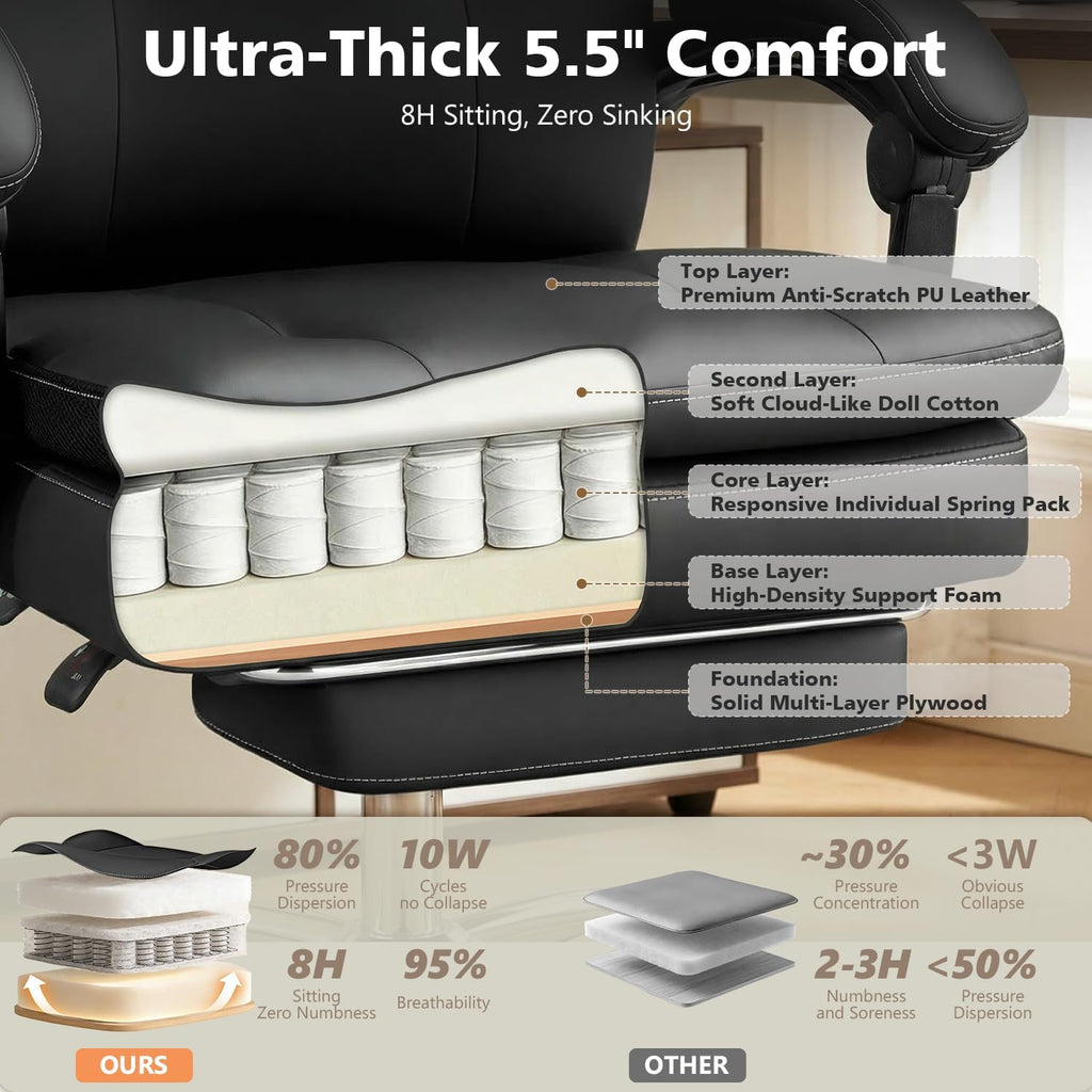 Big and Tall Comfy Office Chair,Ergonomic High Back Executive Desk Chair with Foot Rest,Heavy Duty Reclining Computer Chair with Wide Spring Cushion for Cross Legged,Home,Office,Gaming