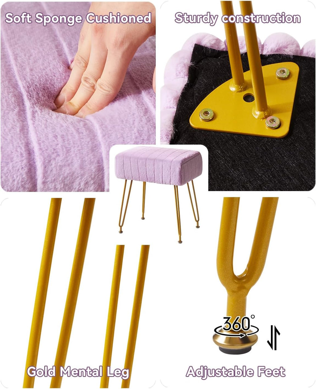 IBUYKE Velvet Rectangular Footrest Stool Ottoman, Makeup Vanity Stool Side Table, Velvet Dressing Table Seat, Pouf Couch Stool, Golden Steel Legs, Purple LG-51V