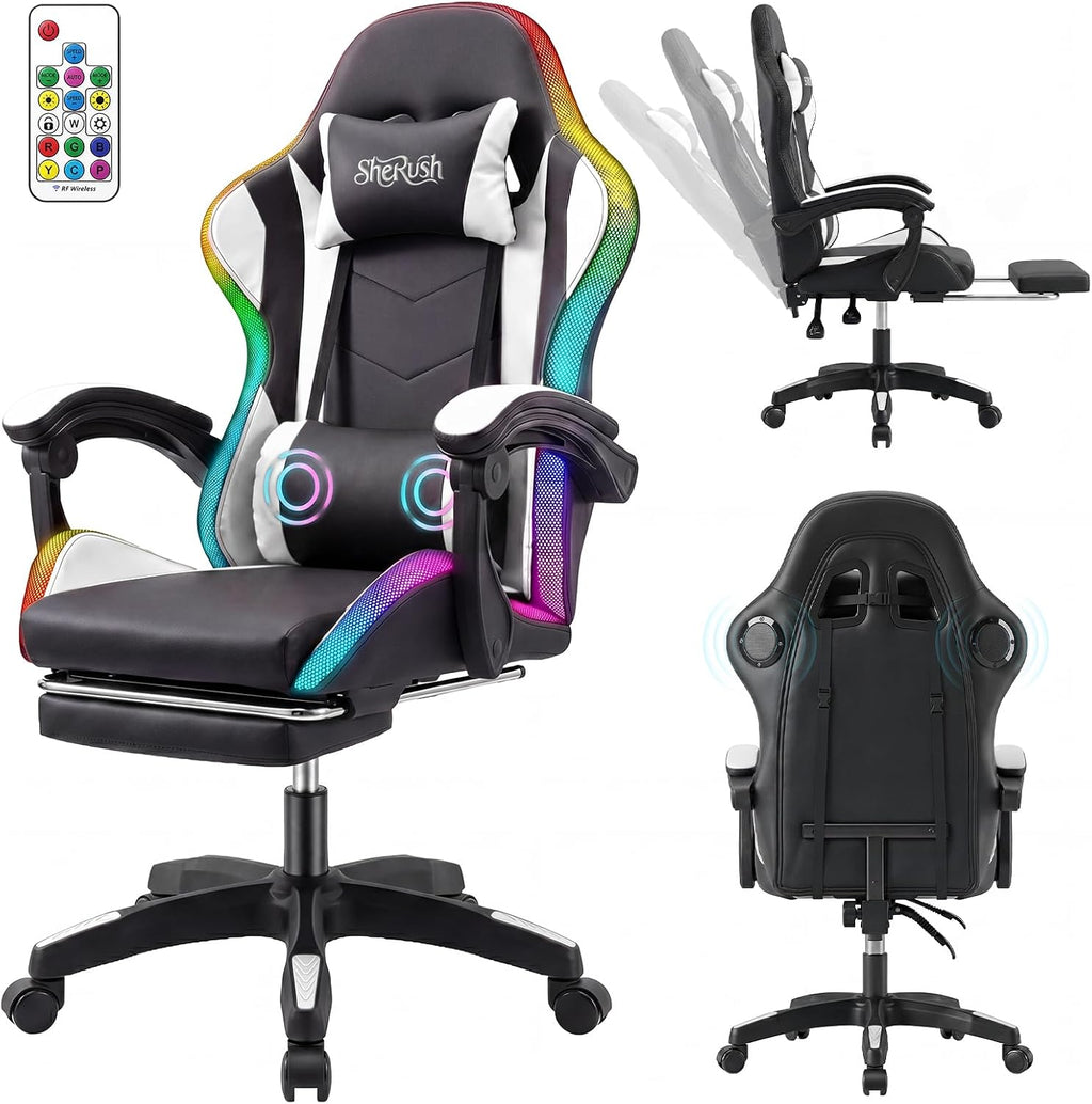 RGB LED Gaming Chair with Speakers & Footrest - Ergonomic High Back Racing Style Video Game Chair, Reclining Computer Desk Chair with Massage Lumbar Support & Headrest, 350lbs Heavy Duty