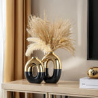 Black and Gold Ceramic Vase Set Home Decor,Round Donut Vase for Pampas Grass for Shelf Decor Home,Nordic Modern Oval for Bookshelf,FireplaceMantle,Centerpieces,Farmhouse,Rustic Décor