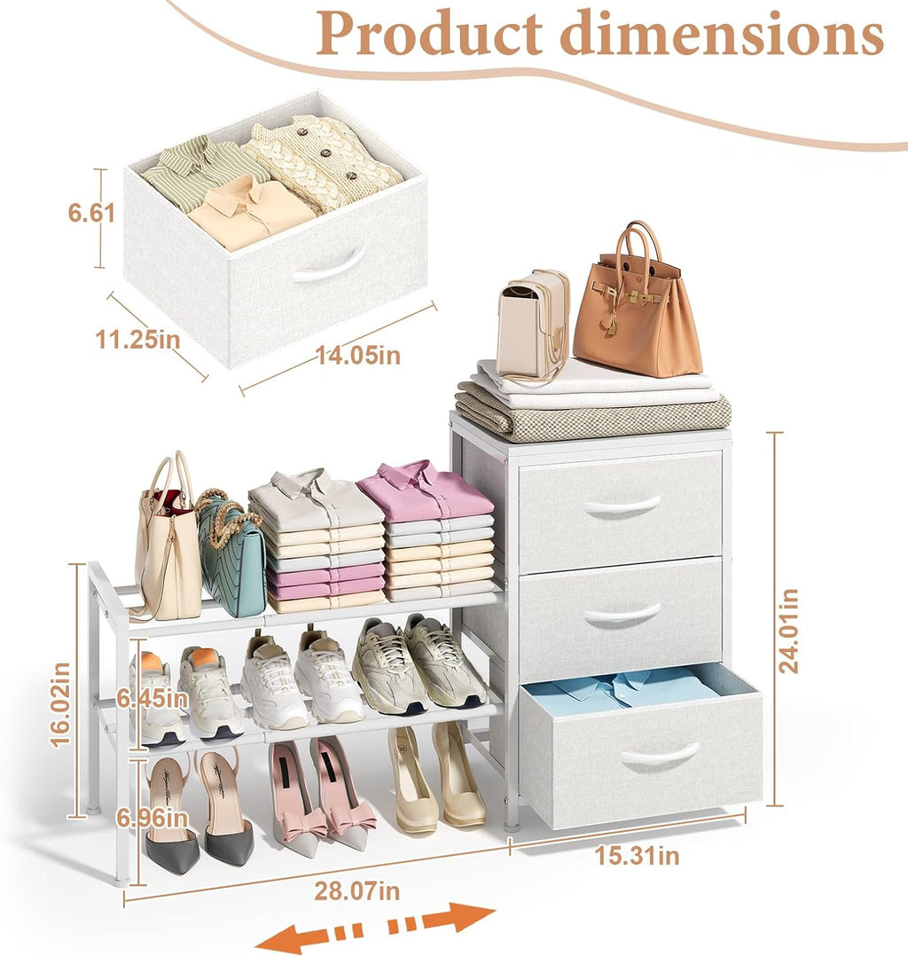 Cidaziya Expandable Closet Organizers and Storage, White Fabric Storage Dresser, 3 Drawer Dresser, Clothes Shelves for Kids, Purse Organizer Small Shoe Rack for Closet Bedroom(31.29~43.42 in)