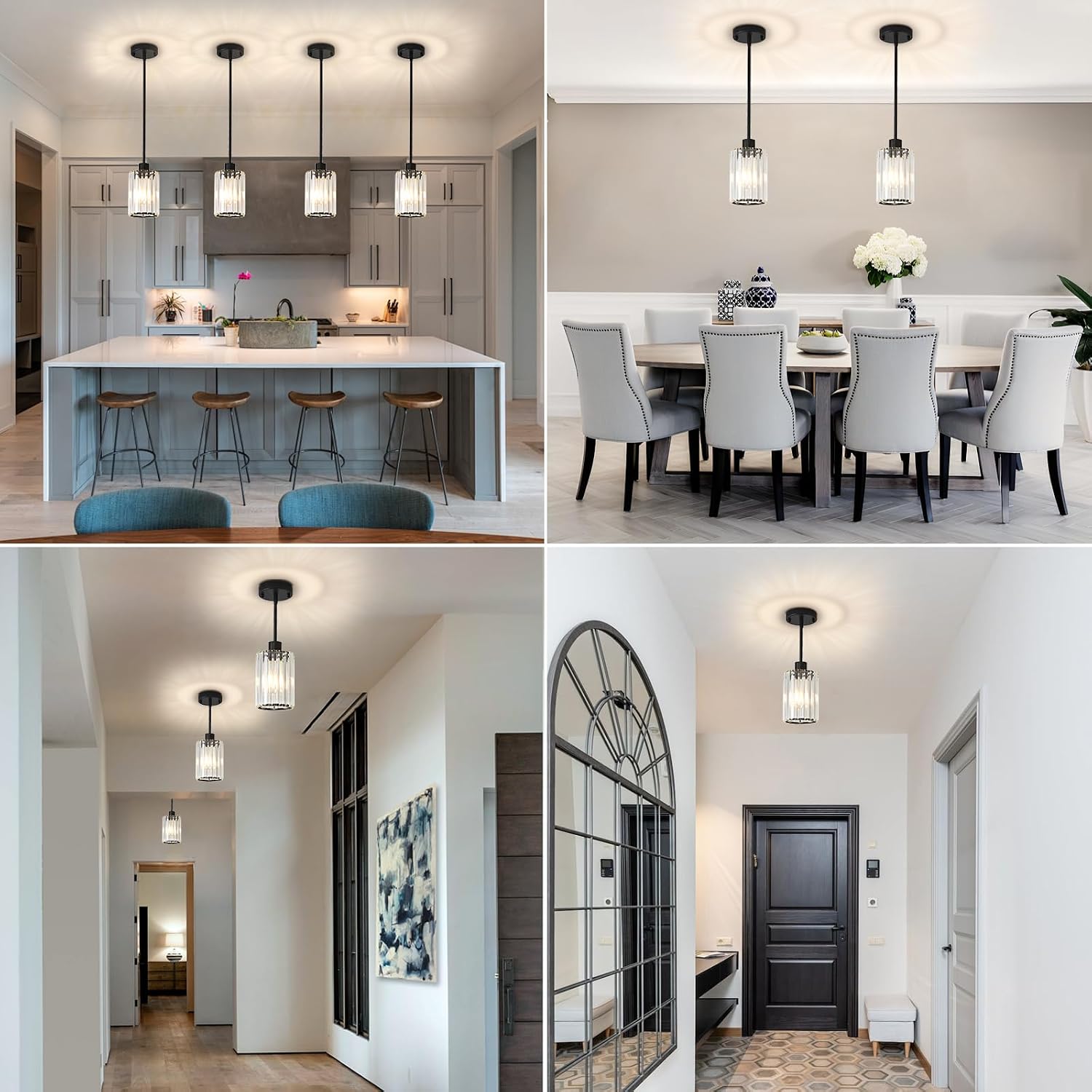 Crystal Pendant Lights Kitchen Island, 3 Pack Black Kitchen Pendant Lighting Over Island, 1-Light Mini Modern Hanging Lights for Kitchen Island, Dining Room, Hallway, Foyer, Entryways
