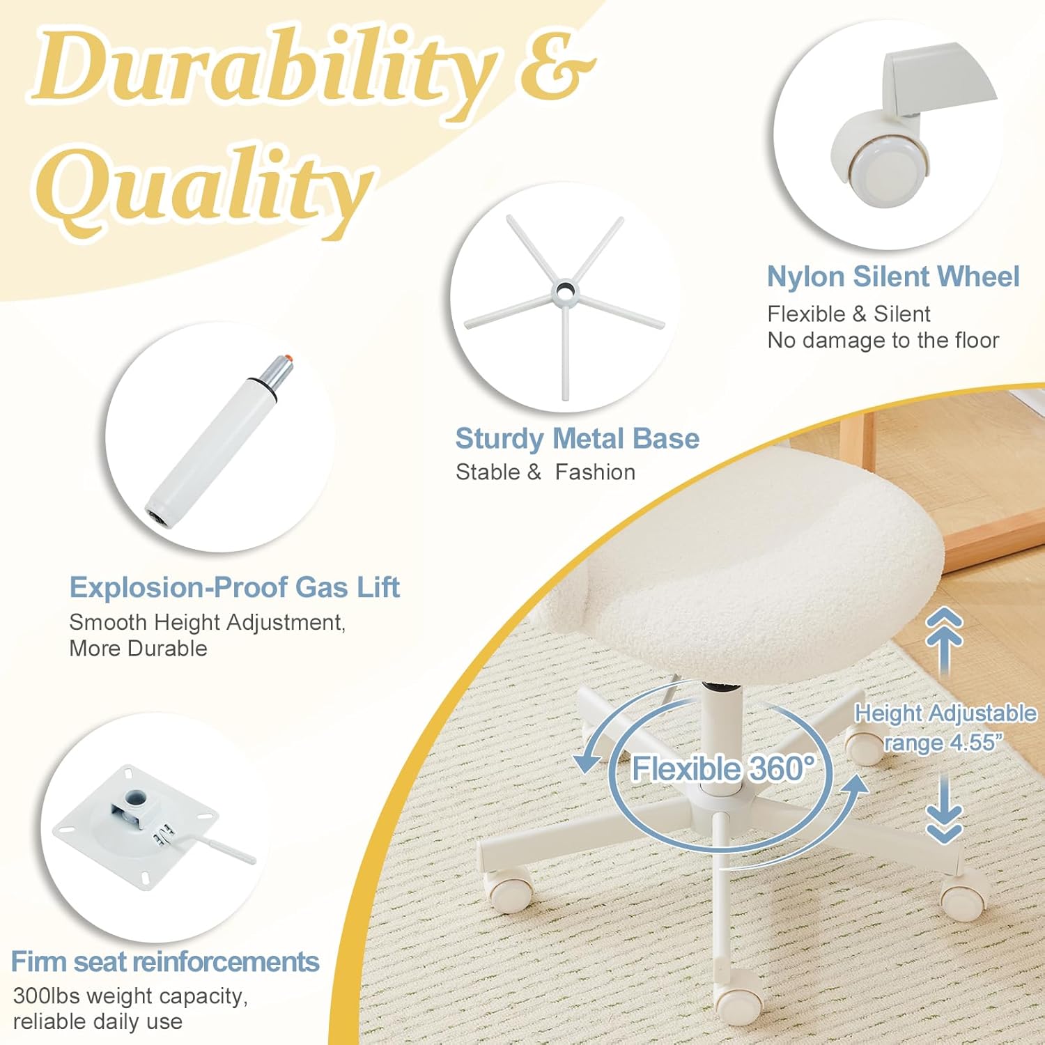 VINGLI Modern Vanity Chair with Back, Velvet Desk Chair for Girls, Small Office Chair with Silent Wheels， Stylish and Comfortable, White