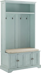Crosley Furniture Holbrook Hall Tree with Shoe Rack Bench and Coat Hooks for Hanging Storage, Distressed Seafoam Blue