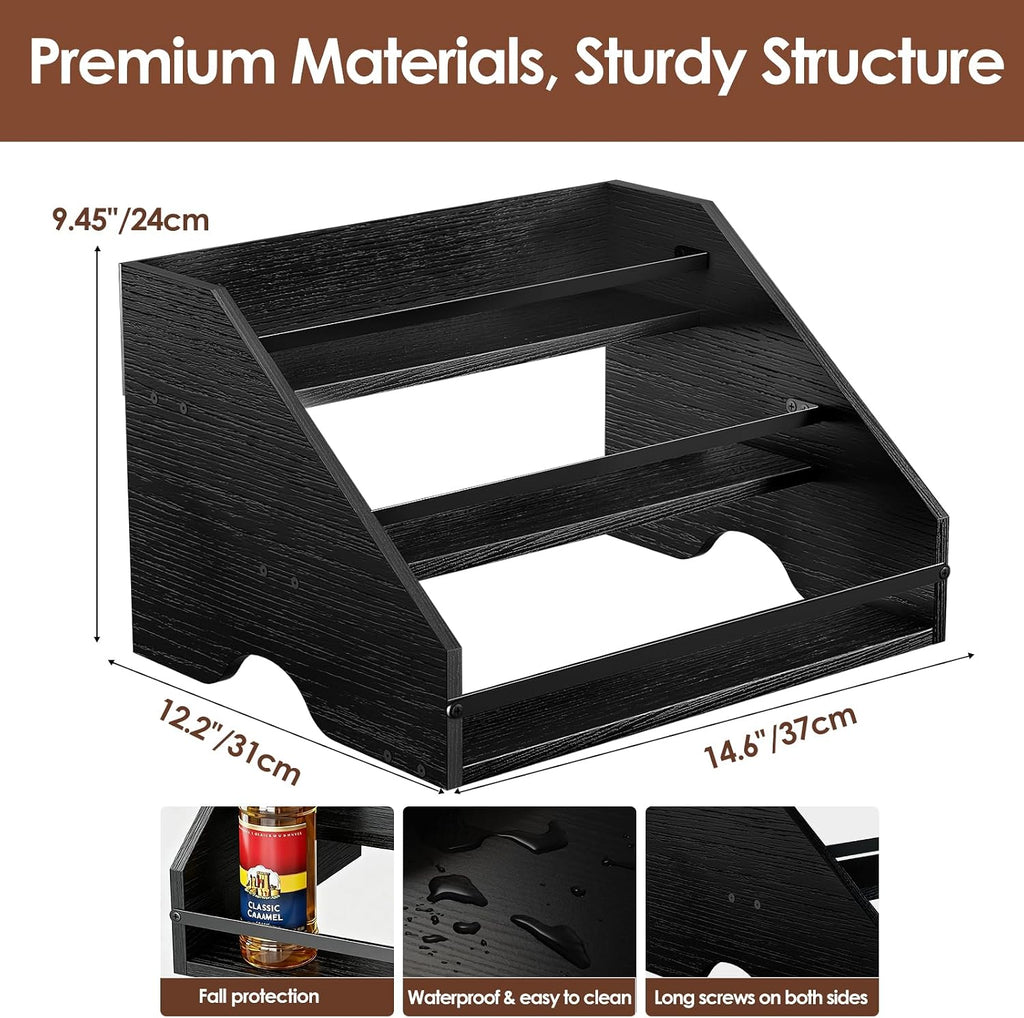 Nuovoware Coffee Syrup Rack, 3-Tier, Black | Hold 15 Bottles, Coffee Syrup Organizer with Side Handles, Countertop Storage with Iron Frame, Wooden Base