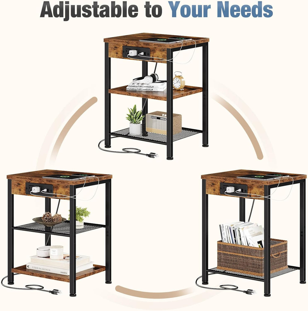 DUMOS 15.7" Small Side Table with Charging Station, End Table with Outlets & USB Ports, 3-Tier Adjustable Storage Nightstand for Living Room, Bedroom, Small Spaces, Record Player Stand, Rustic Brown