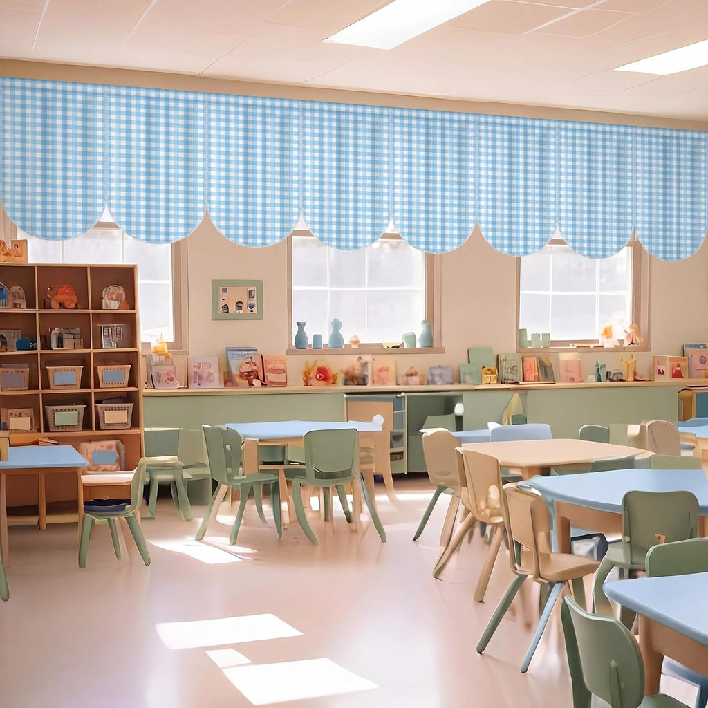 Irenare 8 Pcs Blue Check Plaid School Classroom Curtains Back to Classroom Colorful Curtains for Sunset Soiree Party Decorations Sunset Kindergarten Daycare Primary Bedroom Playroom Room Decor