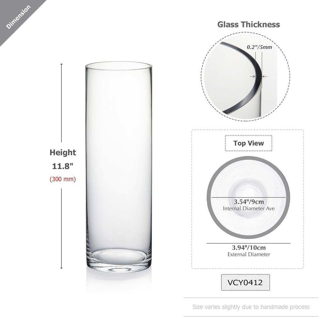 WGVI Quality Thick Weighted Clear Cylinder Glass Vases, 4" W x 12" H, Flower Arrangement Floating Candle Holders Wedding Centerpieces Terrarium Planter Floral Countertop Storage Container, 1 Piece