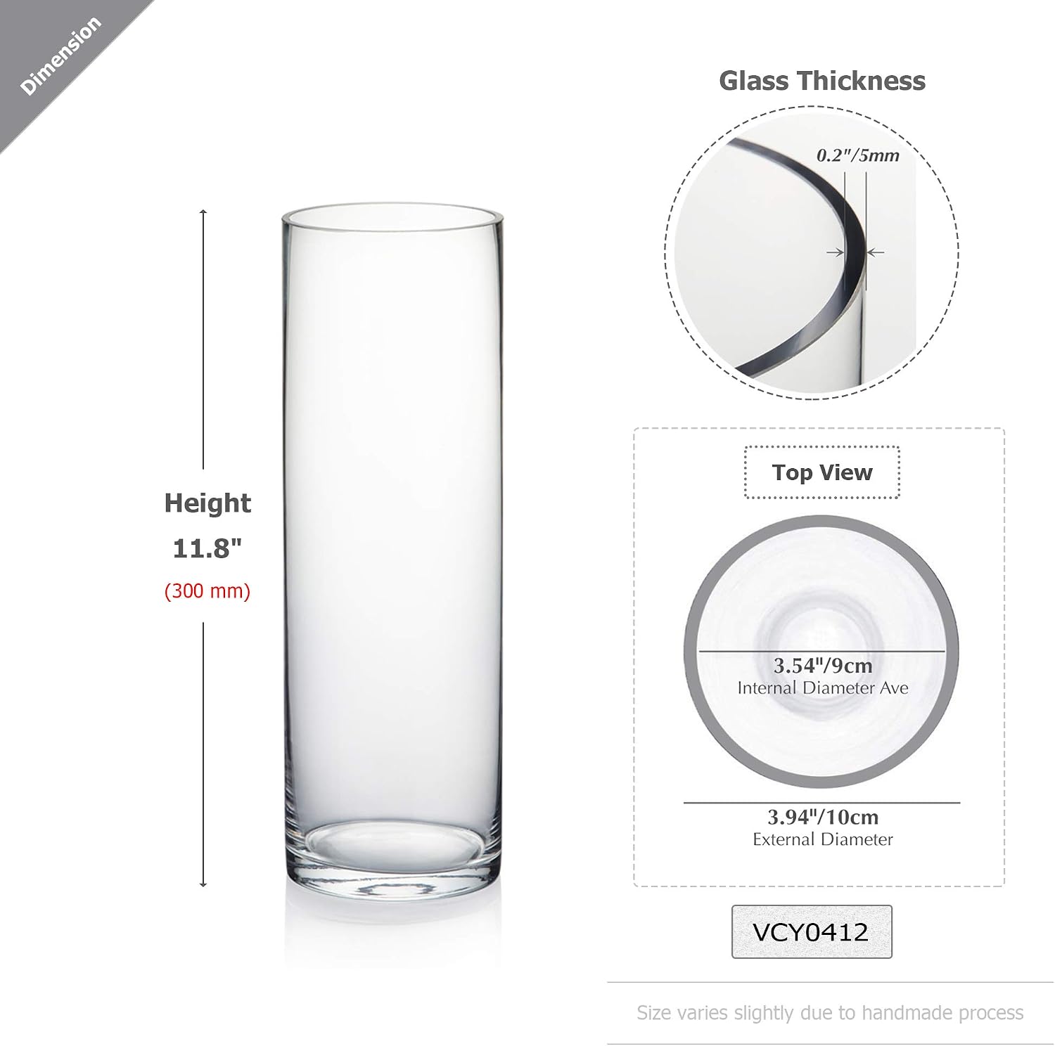 WGVI Quality Thick Weighted Clear Cylinder Glass Vases, 4" W x 12" H, Flower Arrangement Floating Candle Holders Wedding Centerpieces Terrarium Planter Floral Countertop Storage Container, 1 Piece