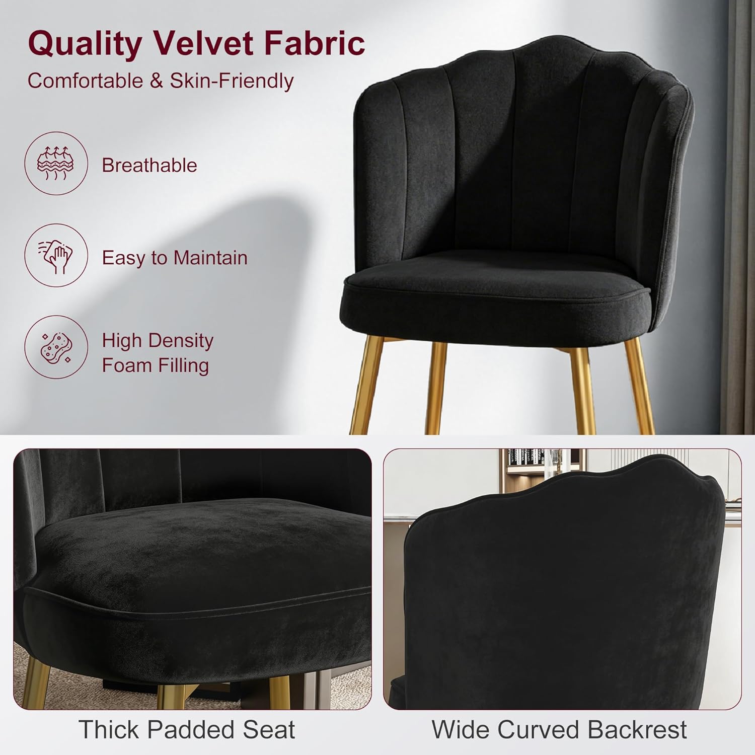 VECELO Velvet Dining Chairs Set of 6, Modern Upholstered Kitchen Chairs with Thick Cushions, Curved Padded Backrest and Metal Legs, for Kitchen, Dining Room, Living Room, Black