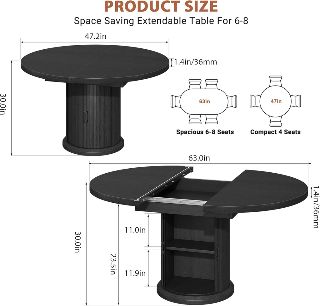 47"–63" Extendable Round Dining Table for 4-8, Expandable Kitchen Dining Table with Hidden 2-Tier Storage Shelf, Space-Saving Oval Dining Room Table with Pedestal Base, Black