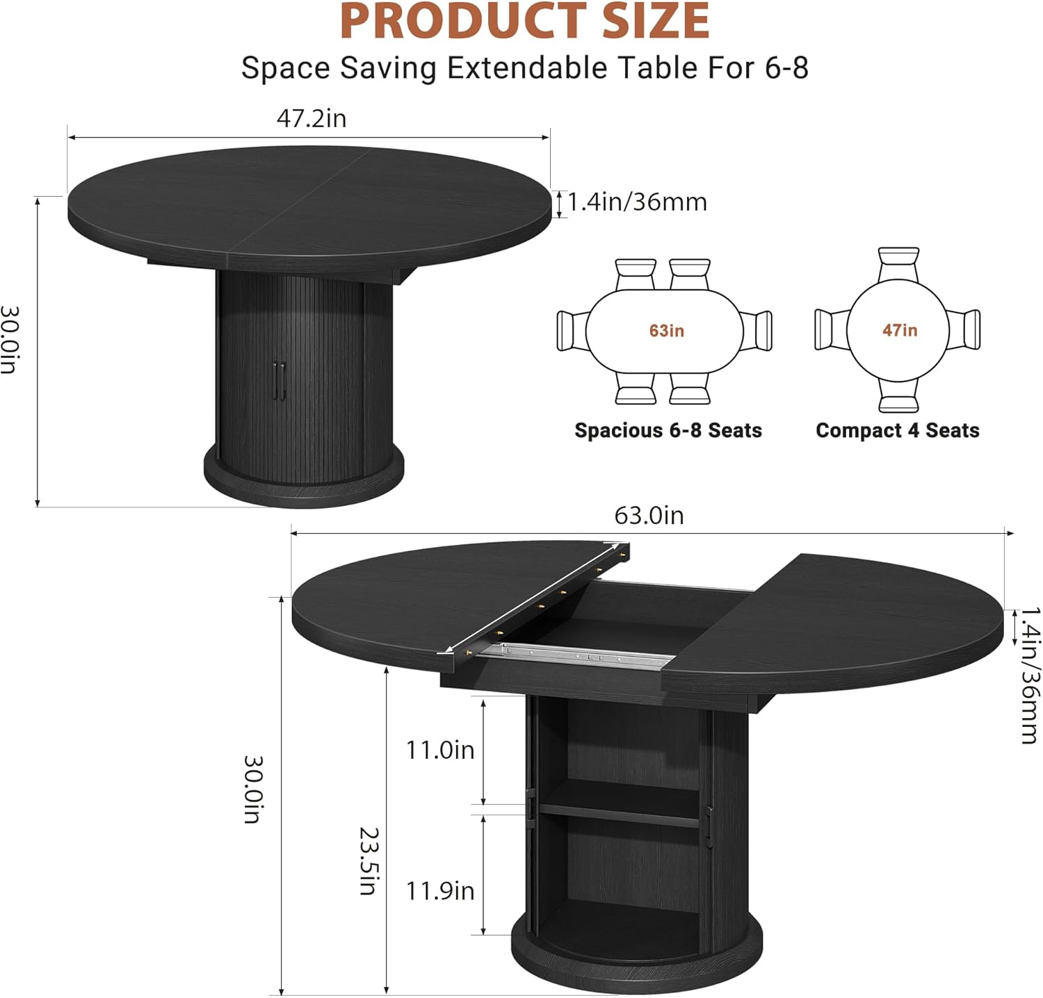 47"–63" Extendable Round Dining Table for 4-8, Expandable Kitchen Dining Table with Hidden 2-Tier Storage Shelf, Space-Saving Oval Dining Room Table with Pedestal Base, Black