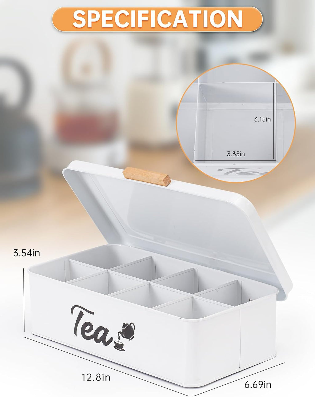 Farmhouse Tea Bag Organizer, Tea Bag Holder with 8 Compartments for Countertop, Tea Box Organizer with Wooden Handle for Home Kitchen
