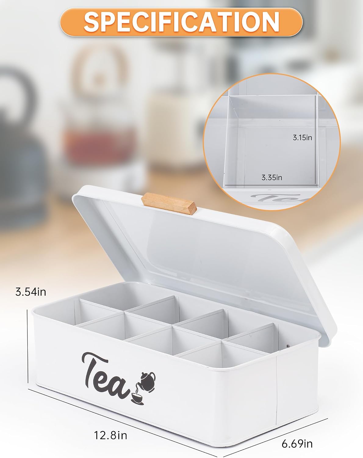 Farmhouse Tea Bag Organizer, Tea Bag Holder with 8 Compartments for Countertop, Tea Box Organizer with Wooden Handle for Home Kitchen