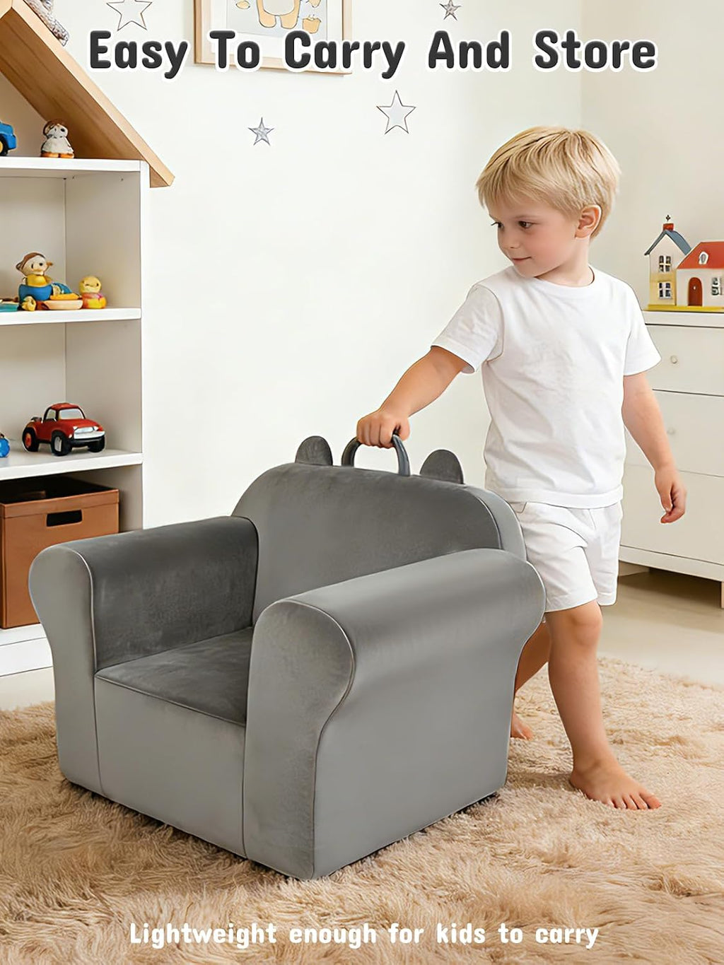 Kids Sofa Chair with Removable Washable Cover Kids Couch Toddler Chair Toddler Bed Cozy Crystal Velvet Furniture for Playtime, Naps & Travel (Soft Grey, Bear Design)