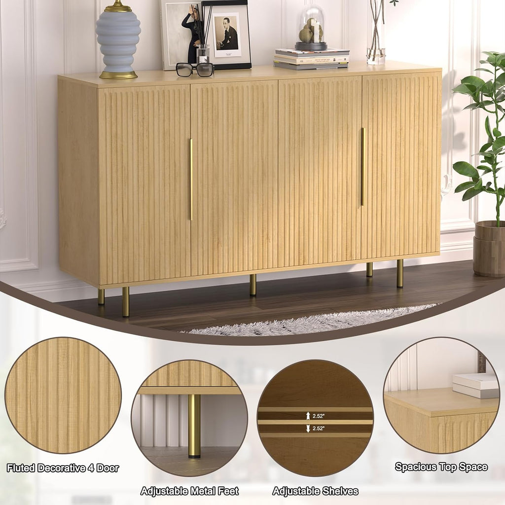 Sideboard Cabinet, 56" Large Buffet Cabinet with Storage, Wood Credenza Storage Cabinet with 4 Fluted Decorative Doors and Adjustable Shelves, for Living Room, Kitchen, Entryway, Oak