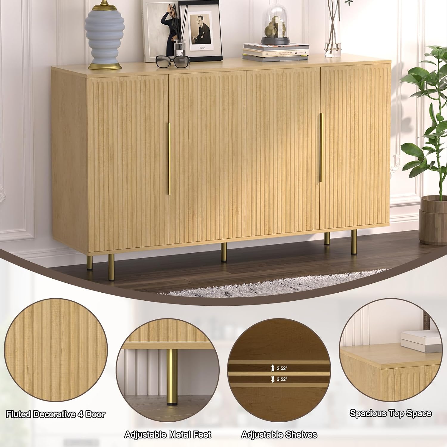 Sideboard Cabinet, 56" Large Buffet Cabinet with Storage, Wood Credenza Storage Cabinet with 4 Fluted Decorative Doors and Adjustable Shelves, for Living Room, Kitchen, Entryway, Oak