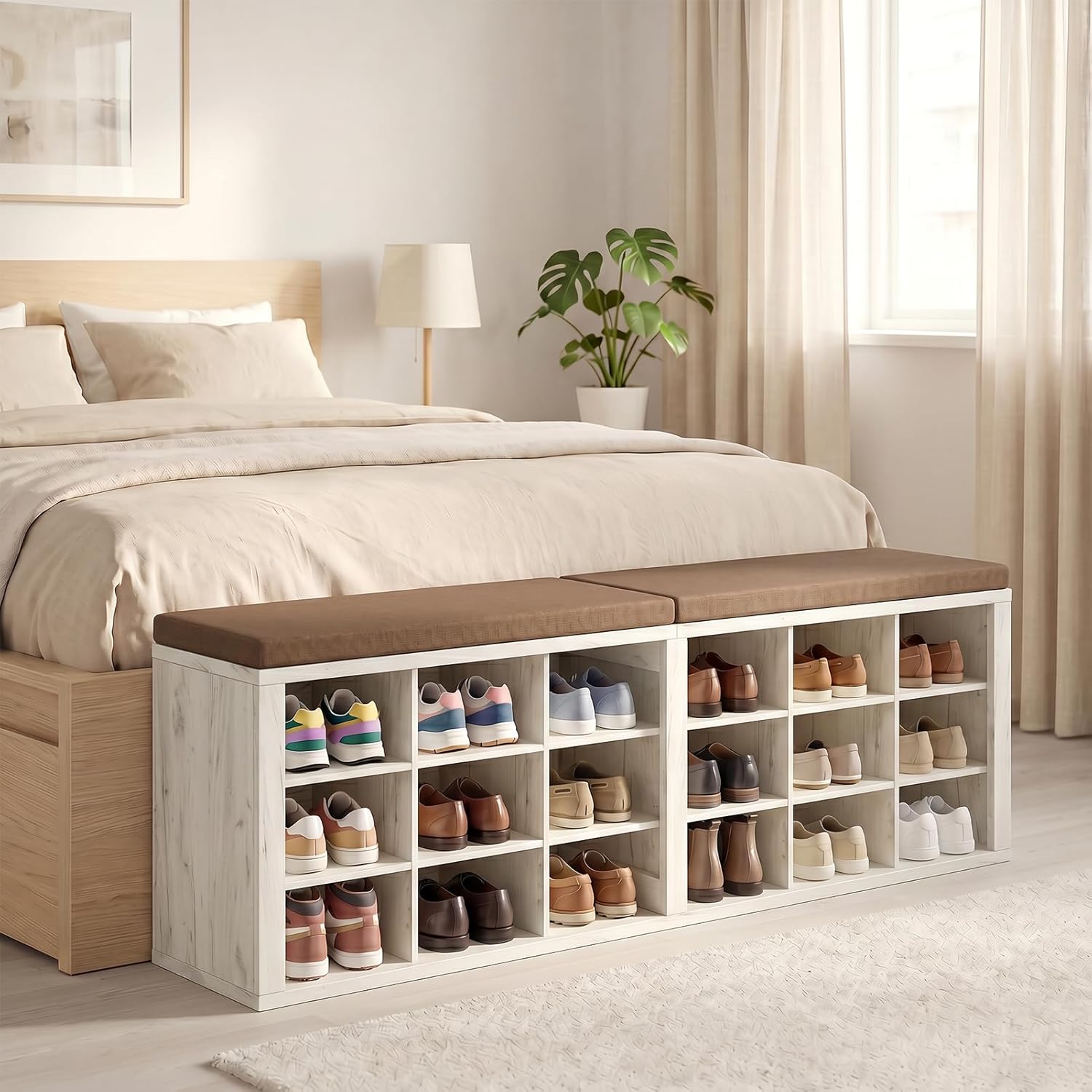 AMONIDA Shoe Storage Bench with Cushion, Entryway Bench with Shoe Storage,18 Cubby Shoe Bench with Removable Dividers, Shoe Organizer Bench for Entryway, Living Room, Light Grey (18, Light Wood)