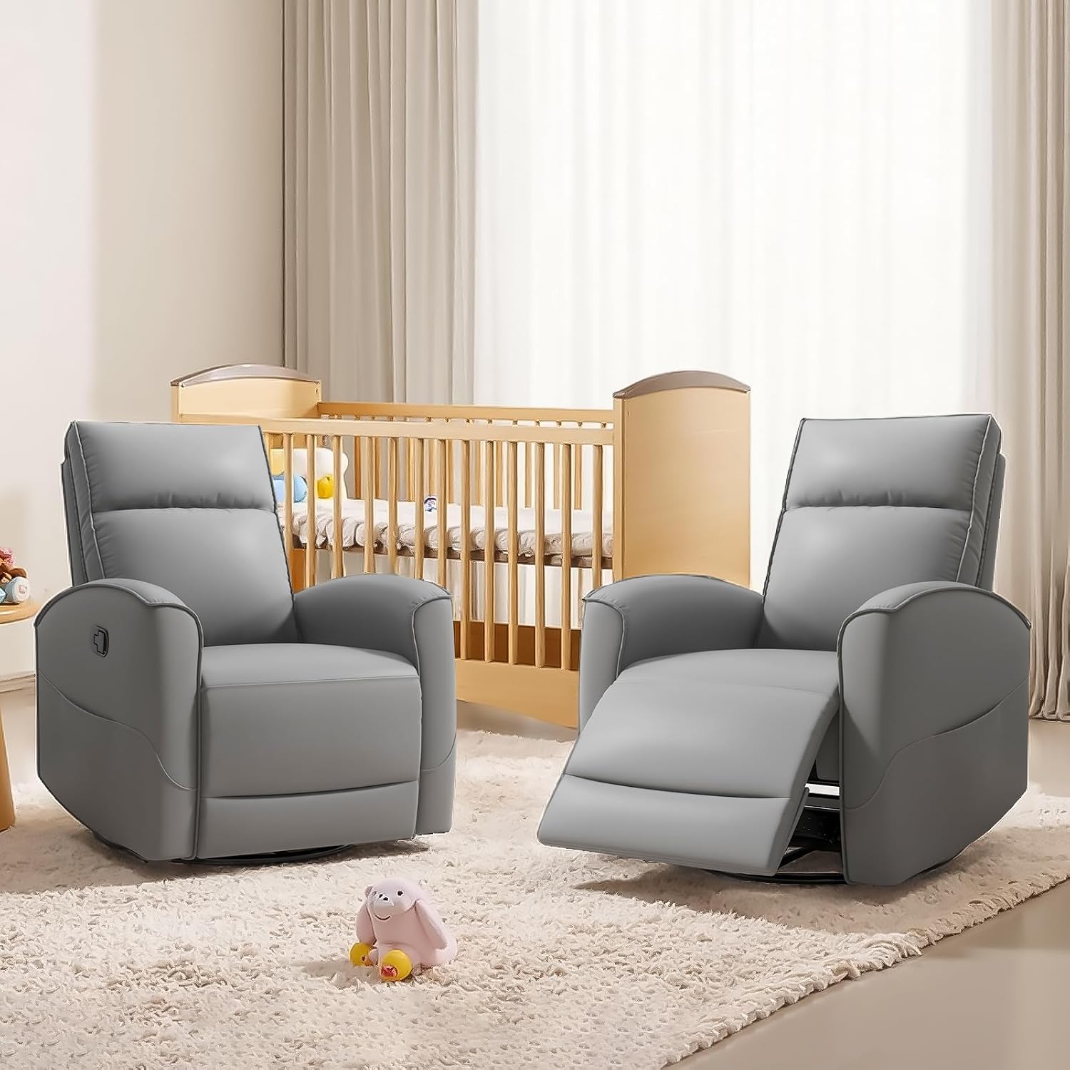HAOMARKETS Swivel Rocker Recliner Chair Set of 2, Manual Faux Leather Glider Rocking Recliners for Adults, 360° Swivel Nursery Reclining Sofa with Storage Pocket