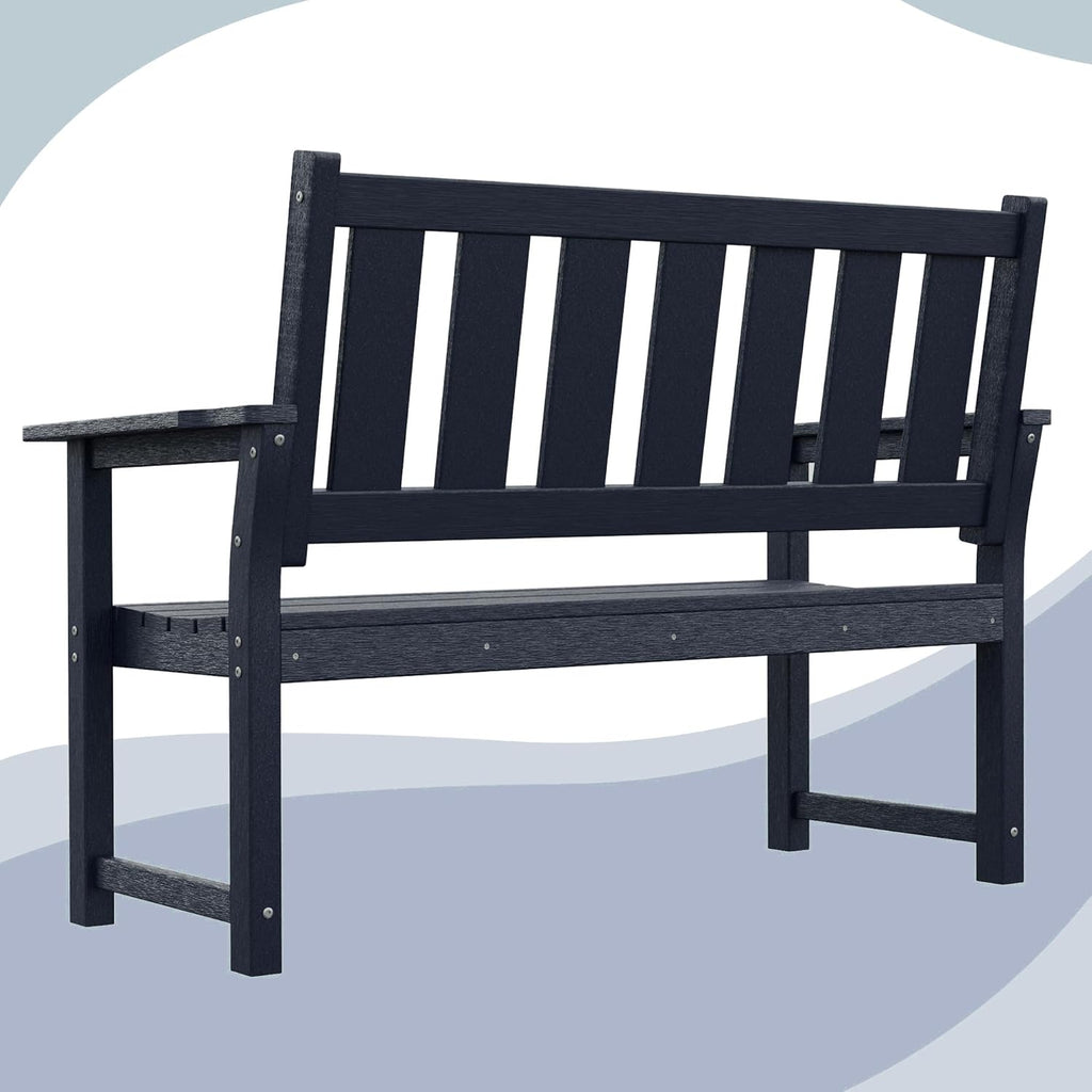 HDPE 2-Person Outdoor Bench, Poly Lumber All-Weather Patio Garden Bench with Backrest, 50 Inch Heavy-Duty Memorial Bench with 800 Lbs Capacity for Outside, Yard, Porch, Balcony and Park (Blue)
