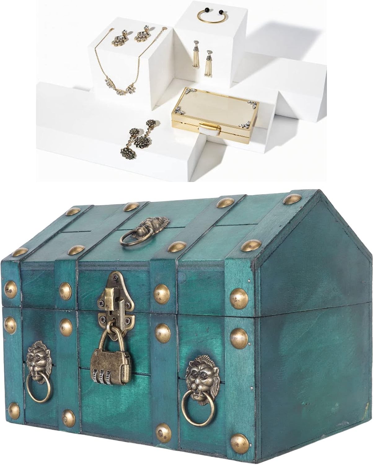 GLOGLOW Classic Chest Storage Box with Combination Lock, Multipurpose Compact Wood and Metal Storage Box for Jewelry, Small