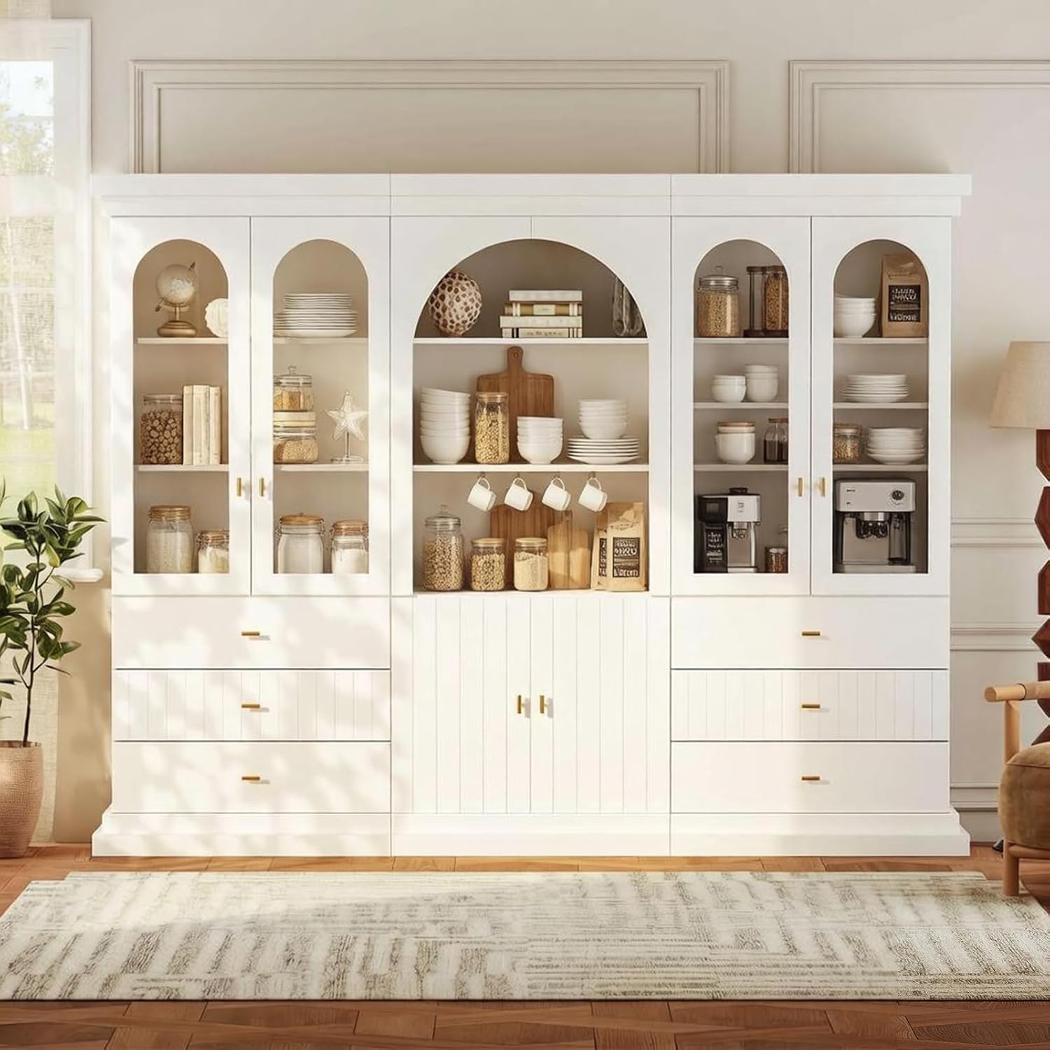 ivaniti 71" Arched Kitchen Pantry Cabinet, Tall Display Modern Storage Combination for Living Room and Dining Room with Dual Glass Door and Open Shelf Cabinets, White with Gold Handles, 3 of Set