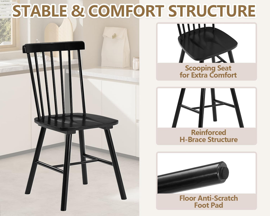 PrimeZone Windsor Dining Chairs Set of 6 - Solid Rubber Wood Farmhouse Kitchen Chair with Spindle Back, Mid-Century Modern Side Dining Chair for Dining Room, Kitchen & Restaurant, Black