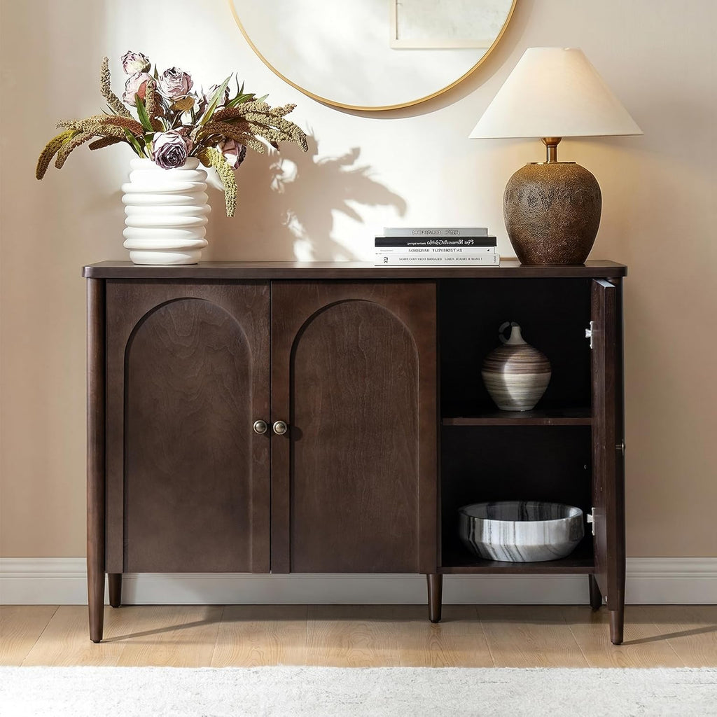 HULALA HOME Solid Wood Sideboard Cabinet with Storage, 47" Sideboard with Arched Doors & Adjustable Shelves, Media Console, Transitional Buffet Cabinet, Auburn
