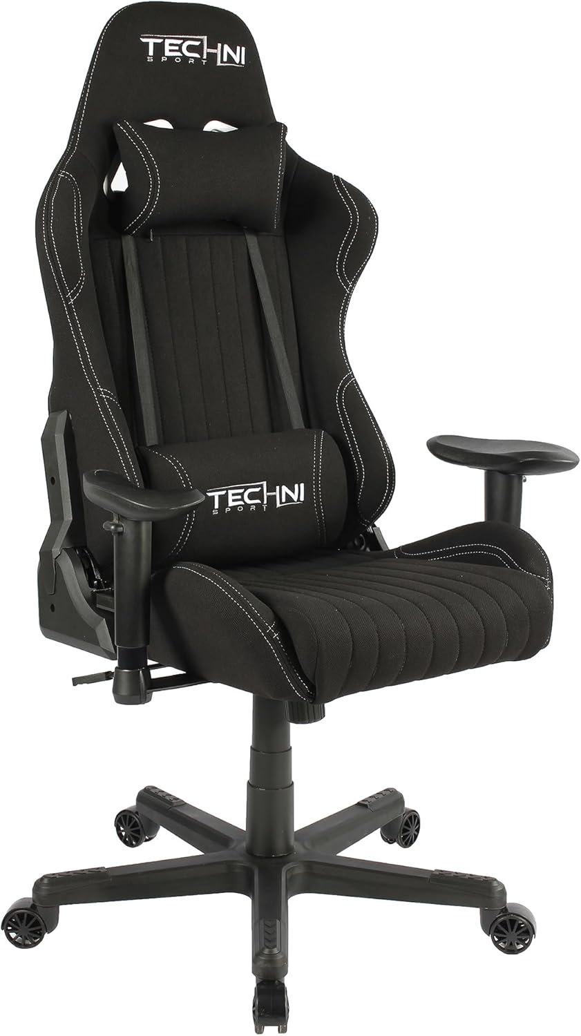 Techni Sport High Back Racing Chair with Foam Seat and Padded Arms, Reclining Gaming Chair with Height and Tilt Adjustment, Black