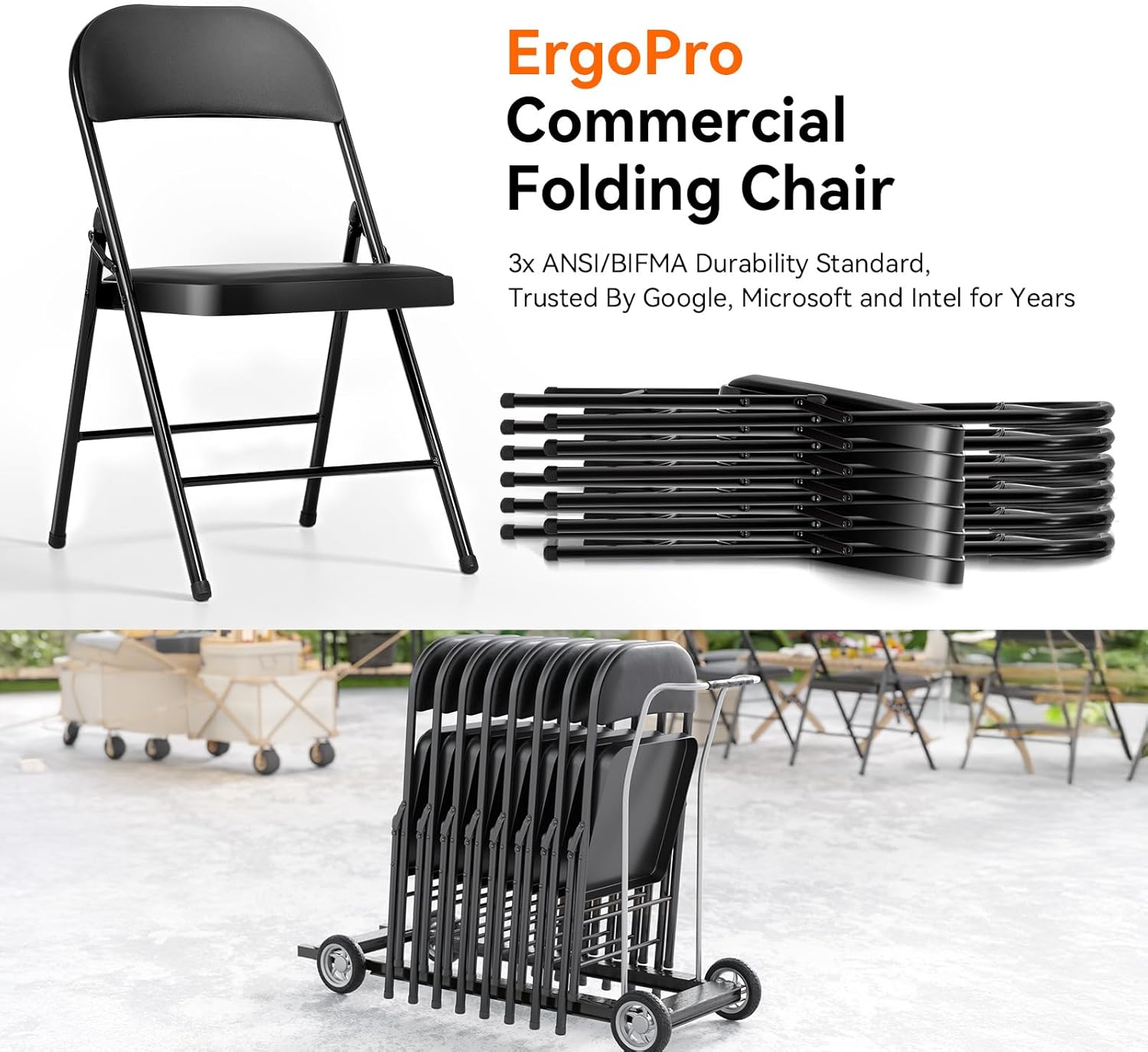 1 Pack Folding Chairs with Cushion Padded - Metal Chairs w/Comfortable Seats and Durable Steel Frame Foldable Chair for Indoor Outdoor Wedding, Party, Backyard & Office Events (Black, 1 Pack)