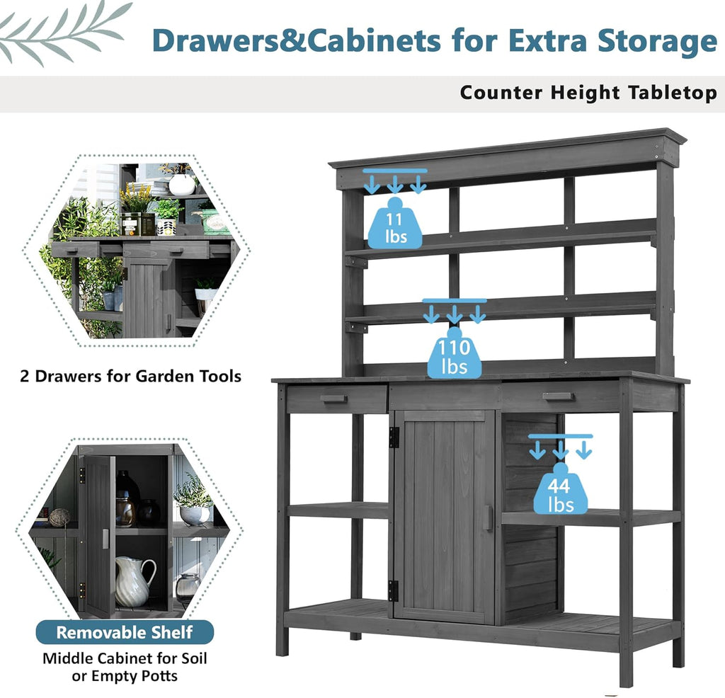 Outdoor Potting Bench with Open Shelves and Cabinet, 66 in | Fir wood, countertop, open shelves, enclosed cabinet, anti-fall device, garden workstation, 50.2 W x 19.7 D x 66 H in