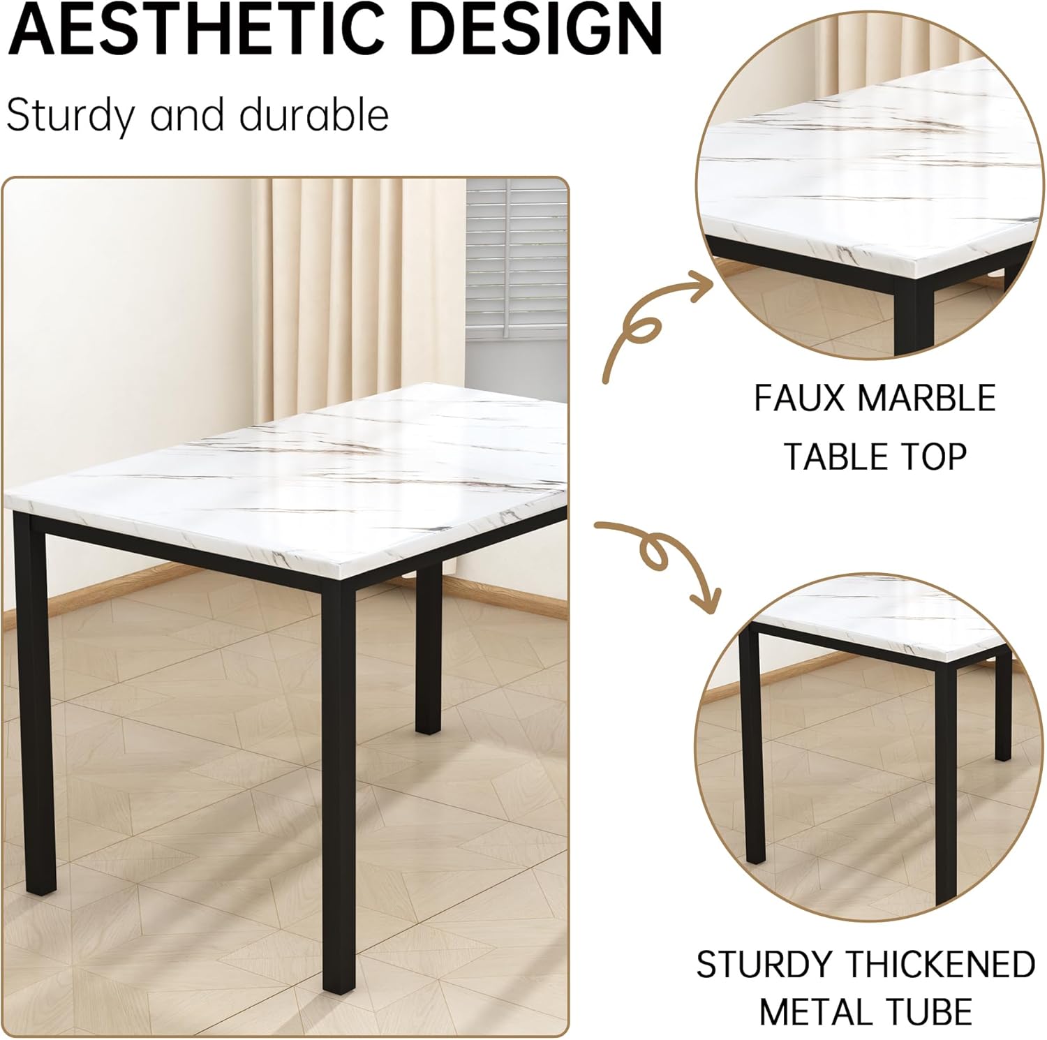 Hooseng 5 Piece Dining Table Set for 4, Faux Marble Kitchen Table with Upholstered Chairs, Modern Dinner Table Set for Dining Room, Small Spaces, White＆Black