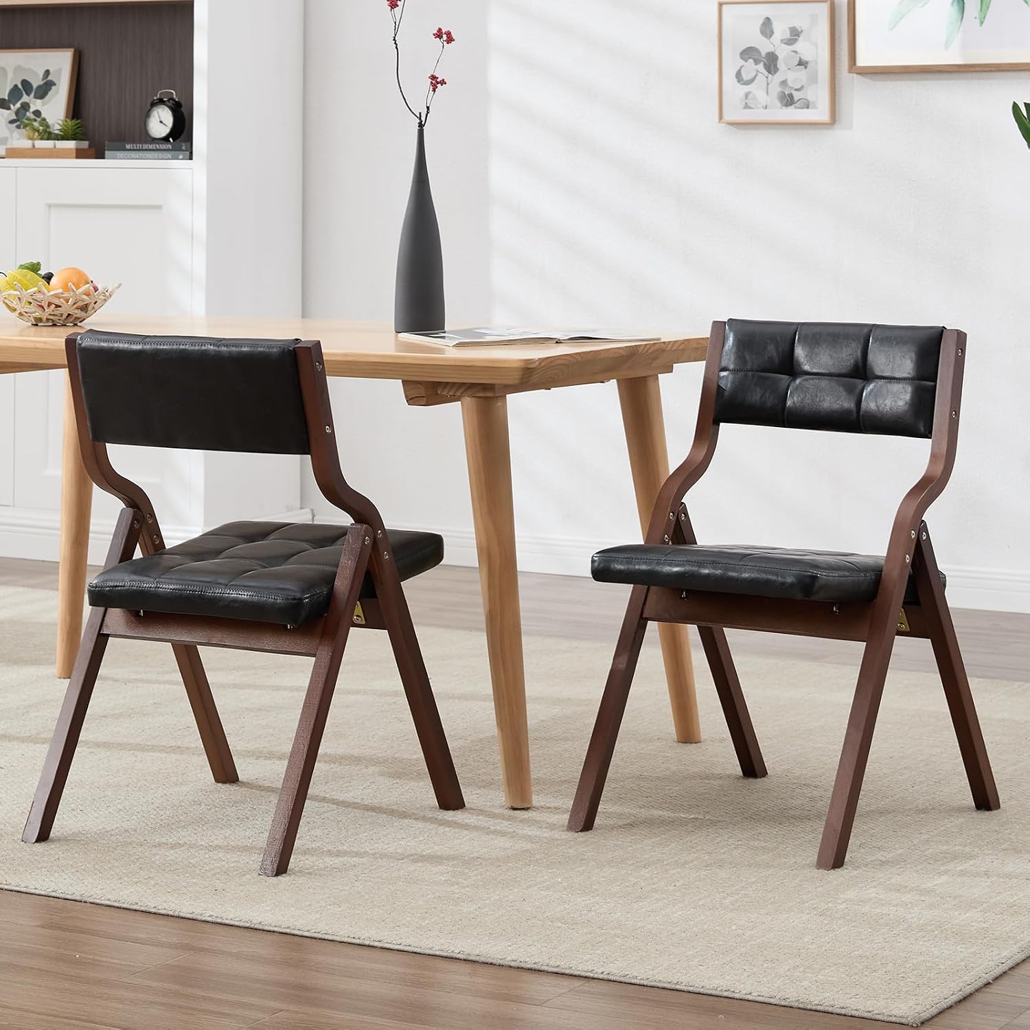 2-Pack Folding Dining Chairs with Cushion,Faux Leather Padded Foldable Dining Chairs,Portable Wooden Folding Chairs for Dining Rooms Kitchen Wedding and Party Indoor Black