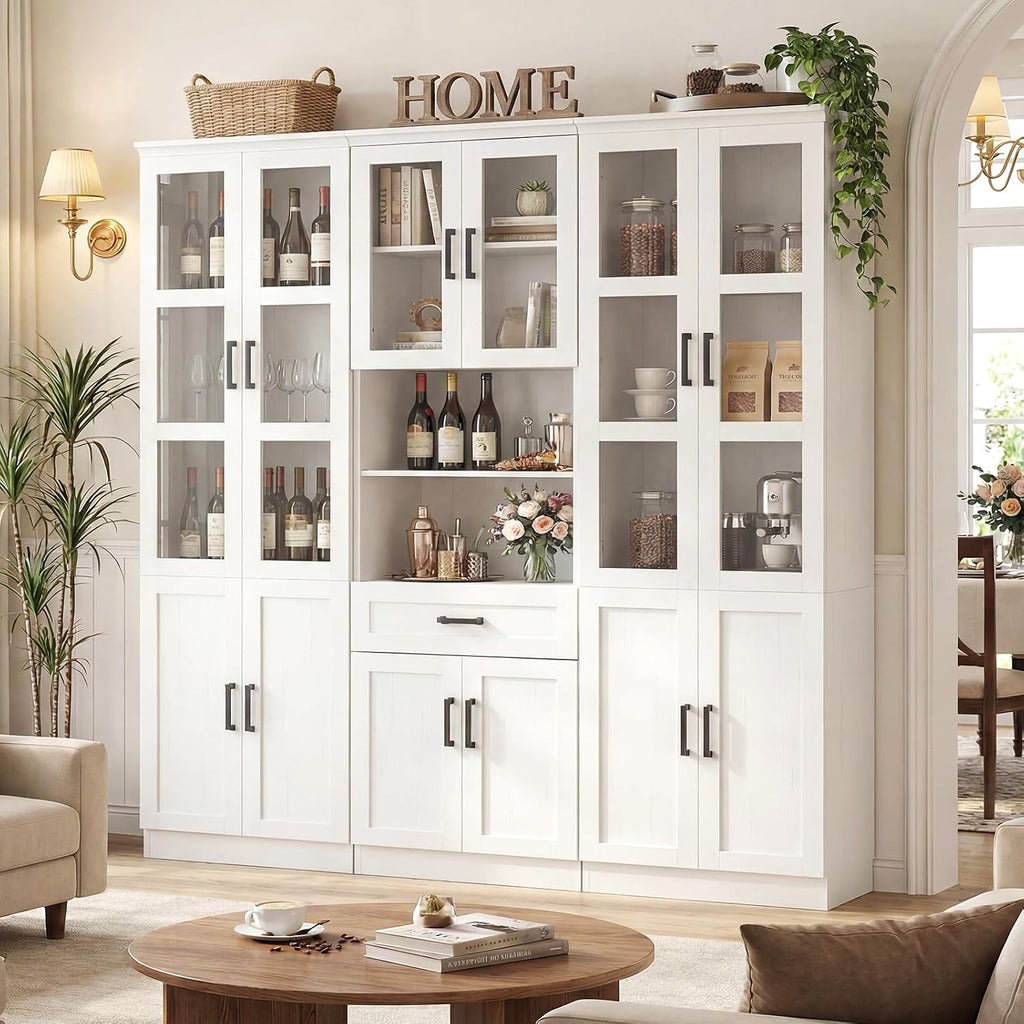 Unikito 79.7" Tall Kitchen Pantry Storage Cabinet, Freestanding Kitchen Hutch Cabinet with Tempered Glass Door, Adjustable Shelves and Drawer, Large Display Bookcase for Living Room Dining Room, White