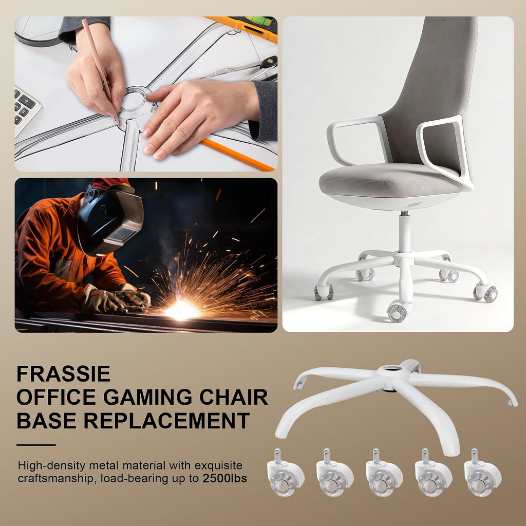 Frassie Office Chair Base Replacement with Wheels, Heavy Duty 2500LBS Metal Stool Chair Base, 28 inch Desk Chair Base Replacement Part White