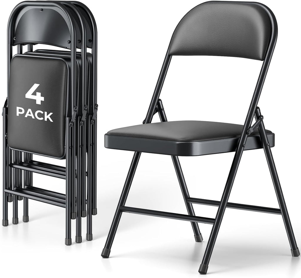 4 Pack Folding Chairs, PU Leather Folding Dining Chairs with Padded Cushion Seat & Back, Indoor Outdoor Folding Chair Set for Home Office, Parties, Events, Wedding, Extra Guest Seating