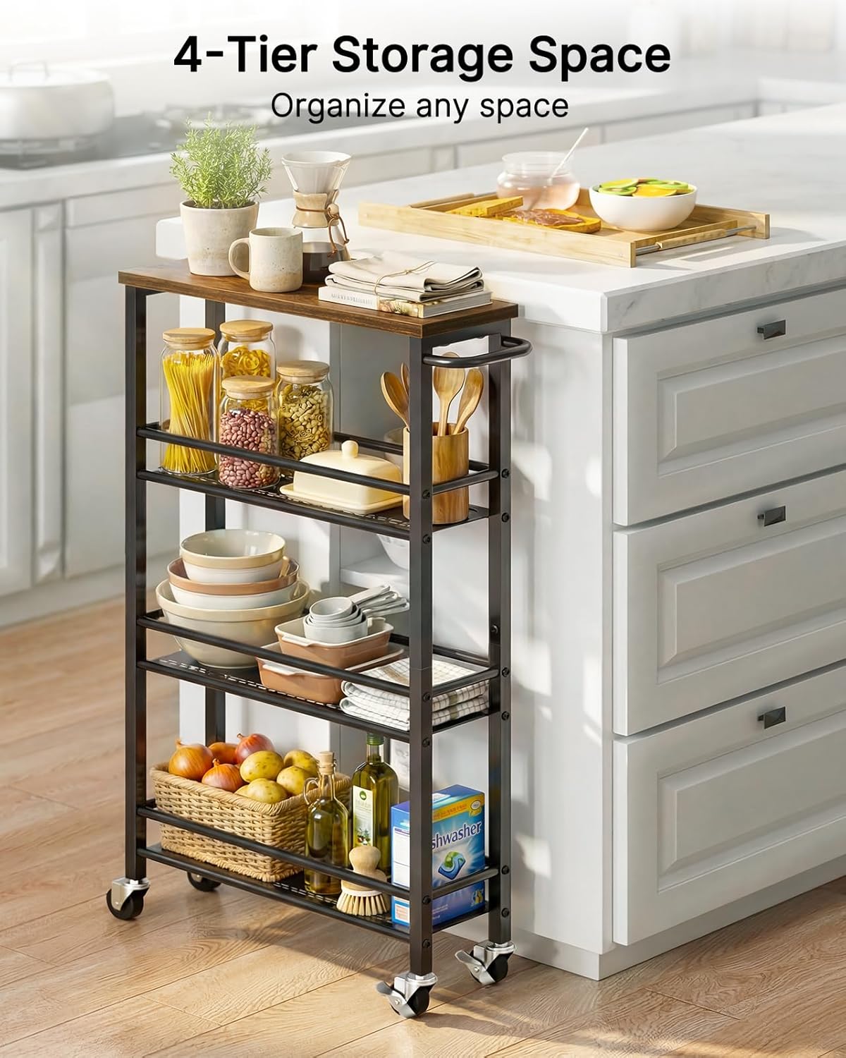 Pipishell Slim Storage Cart with Wheels - 4 Tier Rolling Kitchen Storage Cart with Handle and Wood Top, Metal Slim Bathroom Cart for Laundry Room, Bathroom, Kitchen, Narrow Space, Black & Rustic Brown