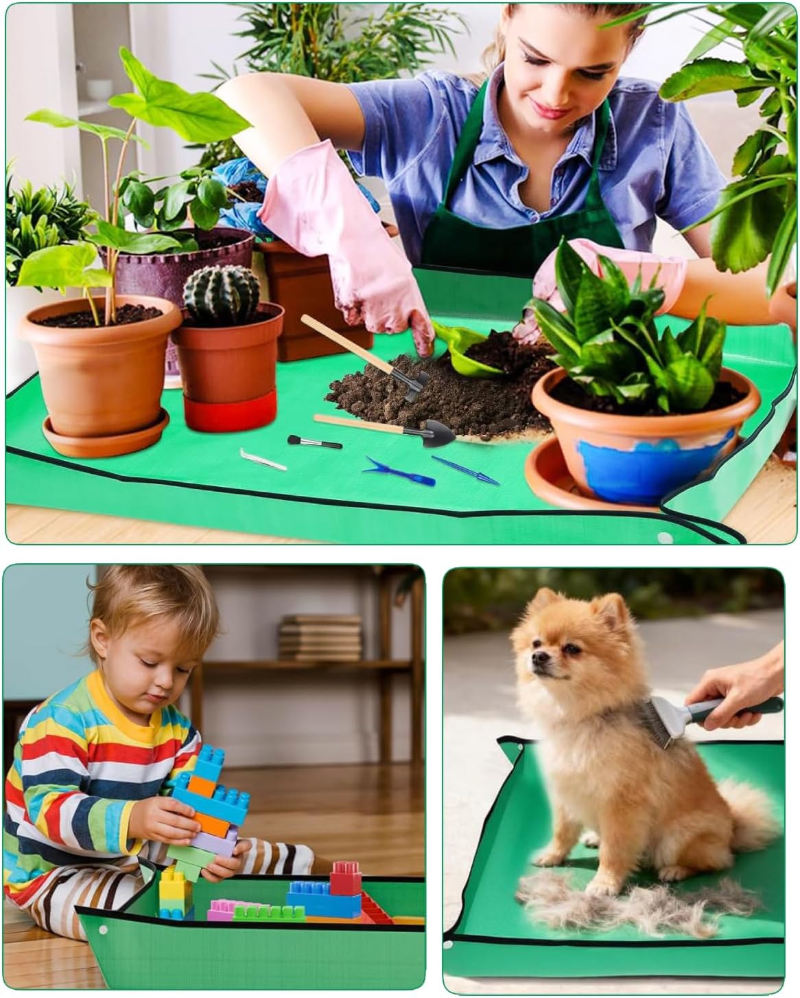 Plant Repotting Mat, Waterproof Gardening Mat for Indoor Plants, Thickened PE Potting Mat with Copper Buckles for Mess Control, Foldable Succulent Transplanting Mat, Green (29.5"*39.4")