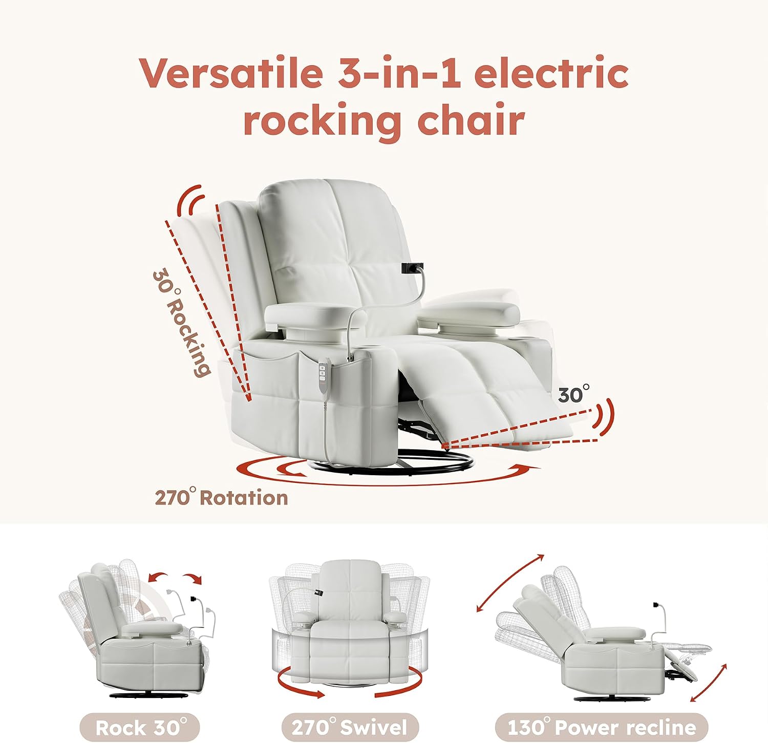 Triple Motor Power Swivel Rocker Recliner Chair with Adjustable Armrests for Adults Elderly, FSC Certified Faux Leather Rocking Chair Nursery for Breastfeeding(White)