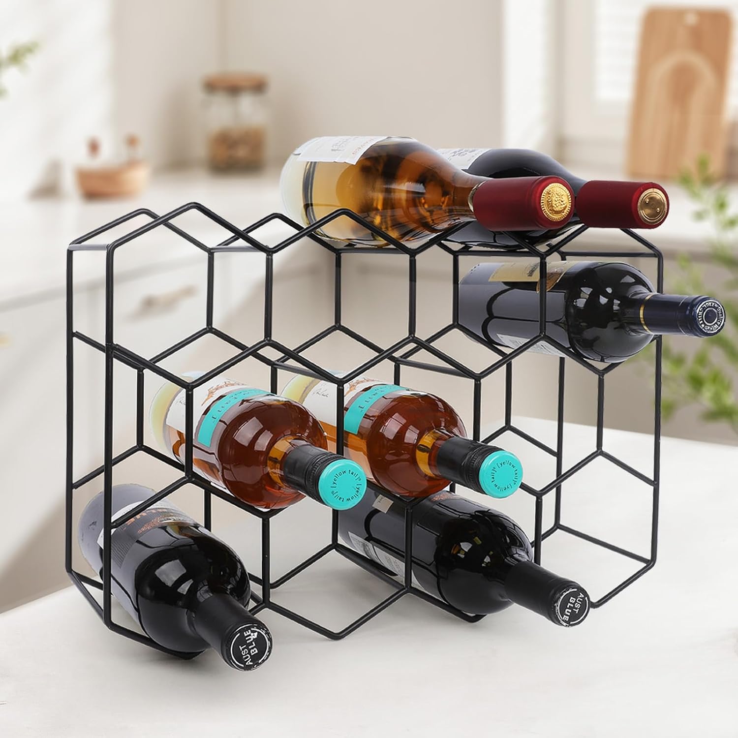 Black Countertop Wine Rack 14 Bottles, Geometric Stainless Steel Wine Bottle Holder,3 Tier Wine Racks for Cabinet Pantry Bar Table No Assembly Required