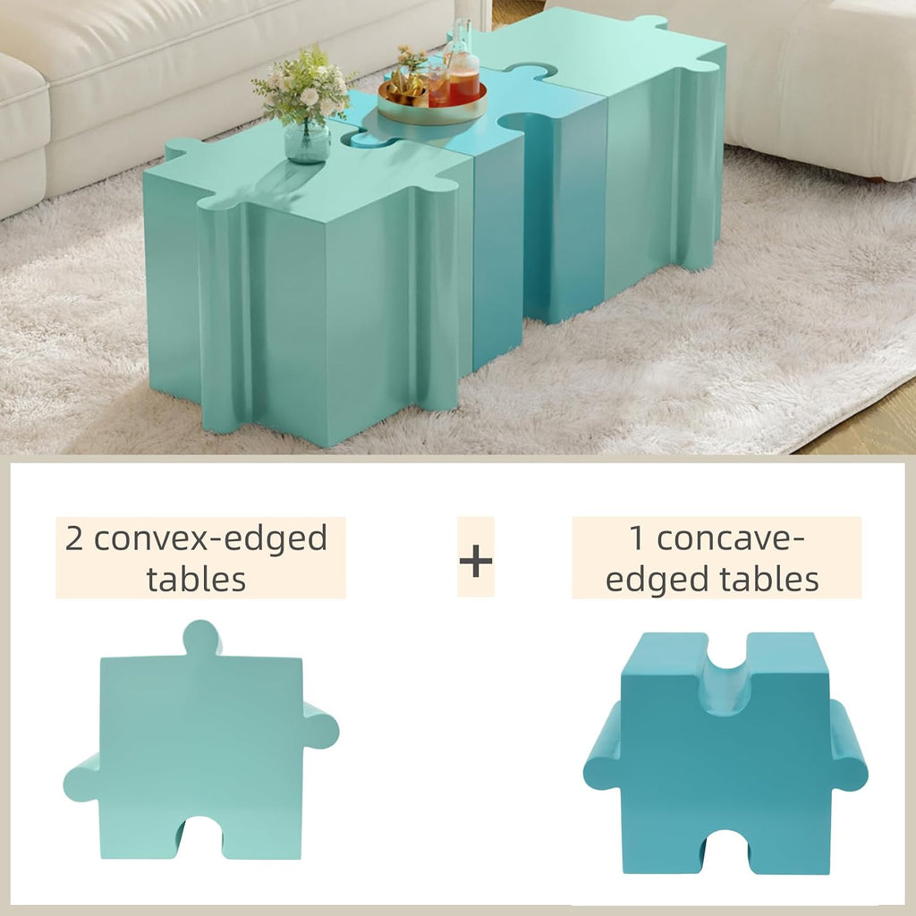 Merax 3 Piece Puzzle-Like Side Accent Table Set, Modular Accent Tables with Interlocking Design, Modern Creative Connectable End Table for Living Room Bedroom Patio Beach Outdoor, Green+Blue+Green