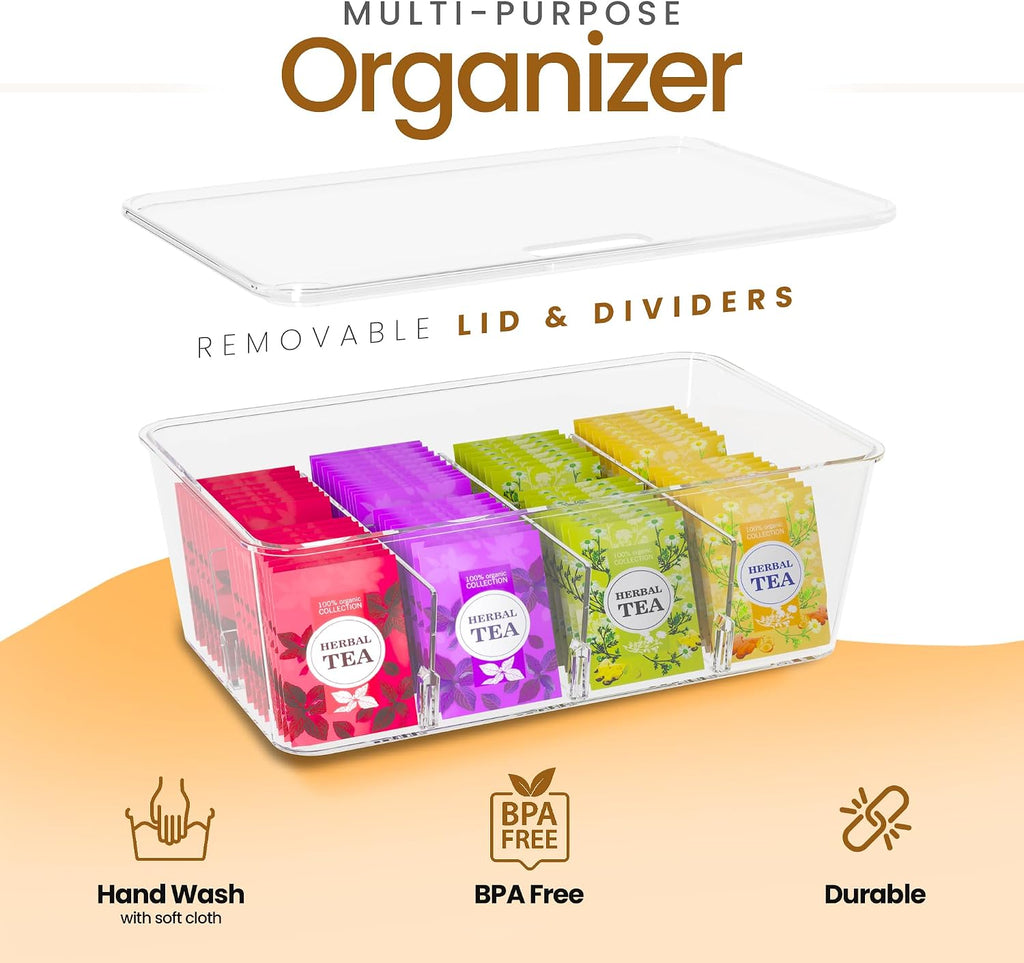 Utopia Home Tea Bag Organizer Set with Lids – 3 Pack Stackable Clear Plastic Storage Bins for Pantry, Cabinet & Fridge – Ideal for Tea, Snacks & Spice Organization