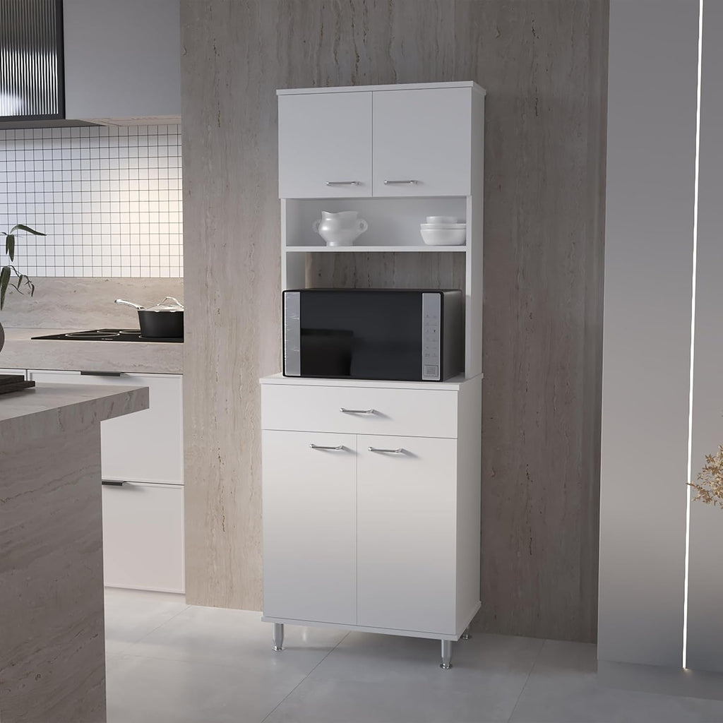 66" H Kitchen Pantry Cabinet Storage,4-Door Wooden Cupboard Credenza Bufffet Cabinet Freestanding Kitchen Hutch with Wine Coffee Bar Microwave Stand,White