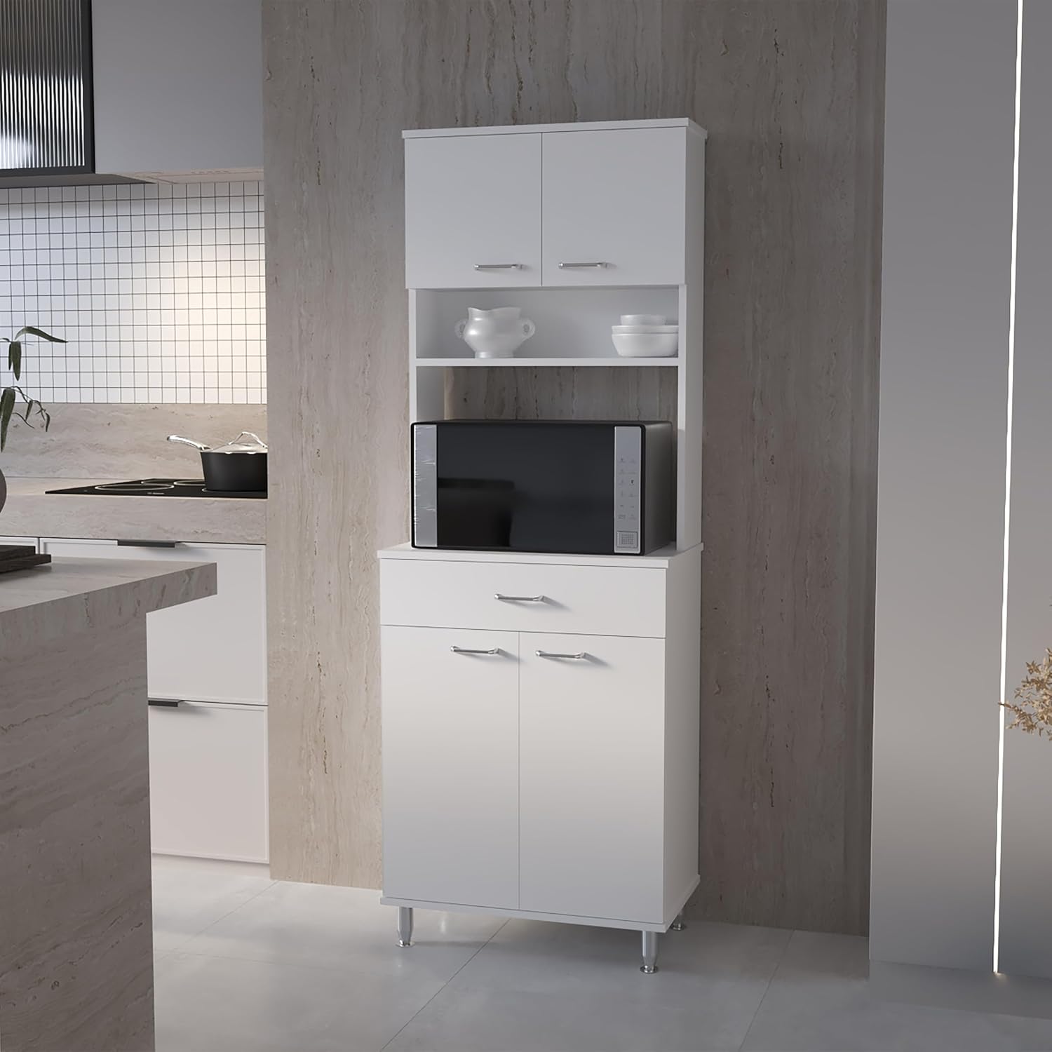 66" H Kitchen Pantry Cabinet Storage,4-Door Wooden Cupboard Credenza Bufffet Cabinet Freestanding Kitchen Hutch with Wine Coffee Bar Microwave Stand,White