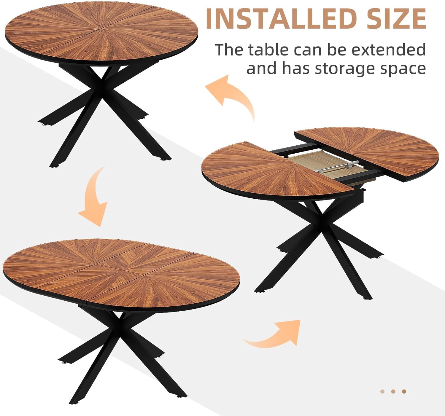 KEIKI 47.2"-63" Extendable Round Dining Table for 4-6, Modern Wooden Kitchen Table with Removable Leaf, Solid Wood Oval Dinner Tables for Dining Room Living Room, Walnut